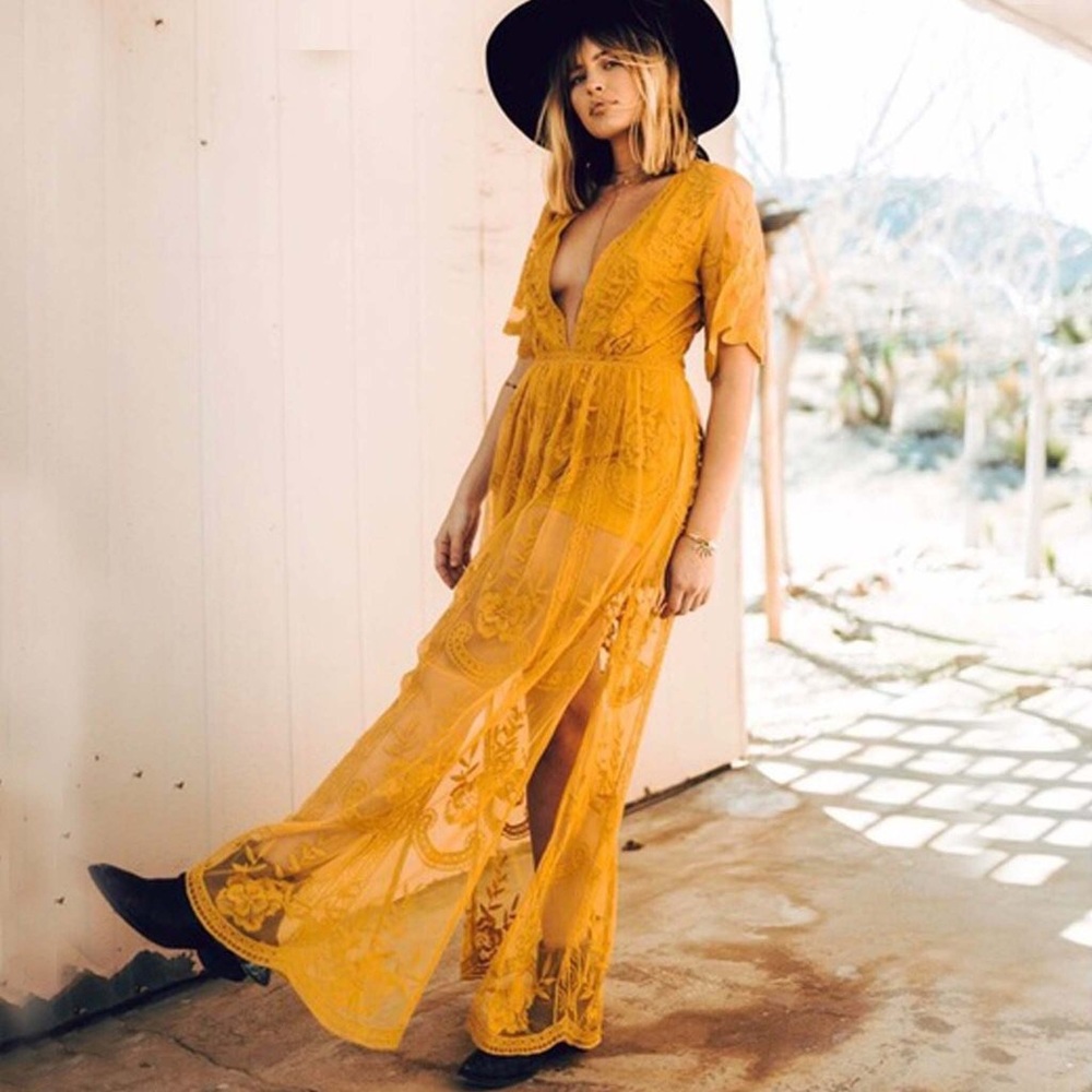 Lace Boutique Romper Maxi in Mustard